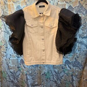 AKIRA Cream Denim Jacket with Black Ruffle Sleeves